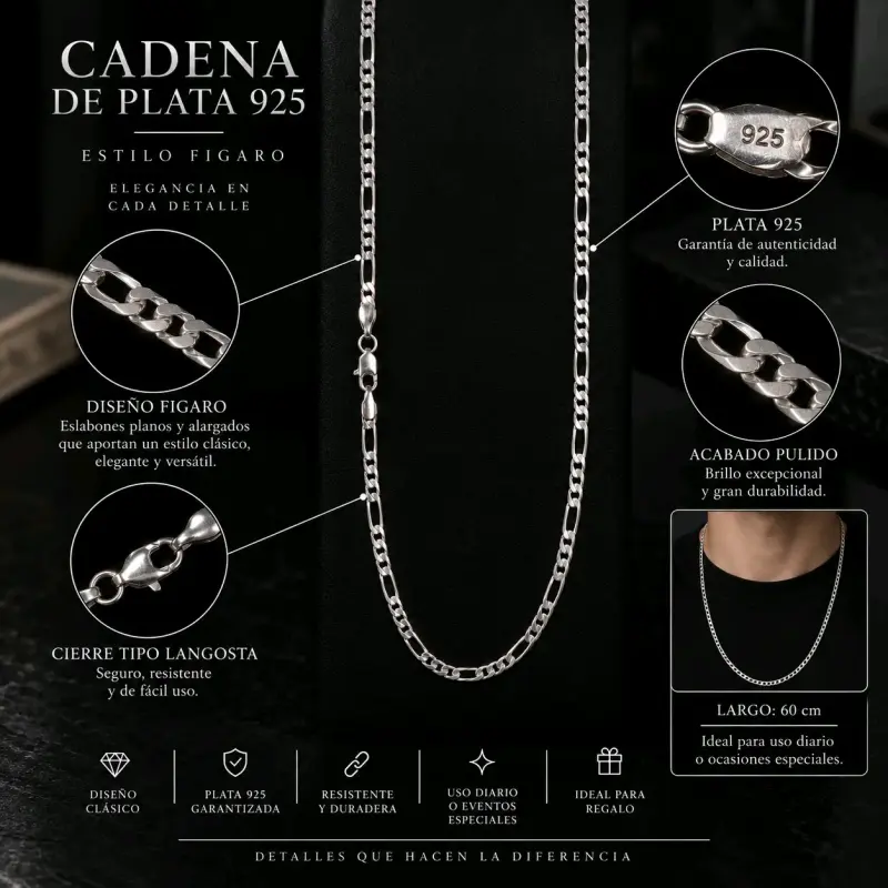 Cadena de plata 925 estilo Figaro 60 cm