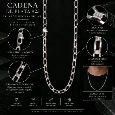 Cadena de plata 925 con eslabón rectangular - miniatura 1