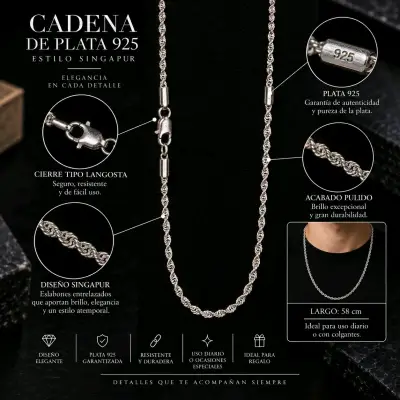 Cadena de plata 925 estilo Singapur - miniatura 1