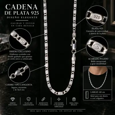 Cadena de plata 925 diseño elegante 60 cm - miniatura 1