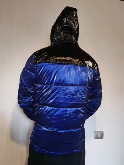 Chaqueta de invierno azul The North Face con gorro - miniatura 3