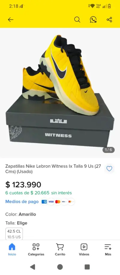 Zapatillas Nike Lebron Witness IX Amarillas Talla 42.5 - miniatura 1
