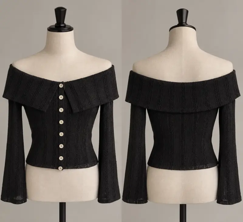 Blusa negra hombros descubiertos con botones - 2