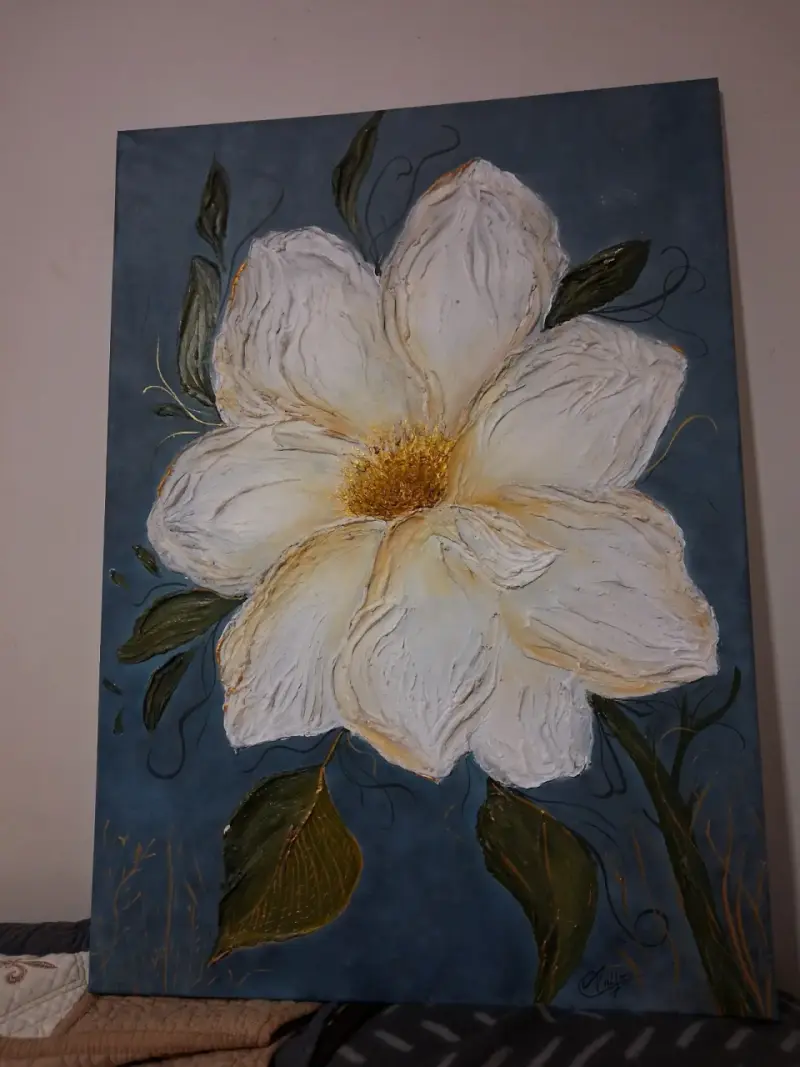 Cuadro de flor blanca en relieve sobre lienzo - 3