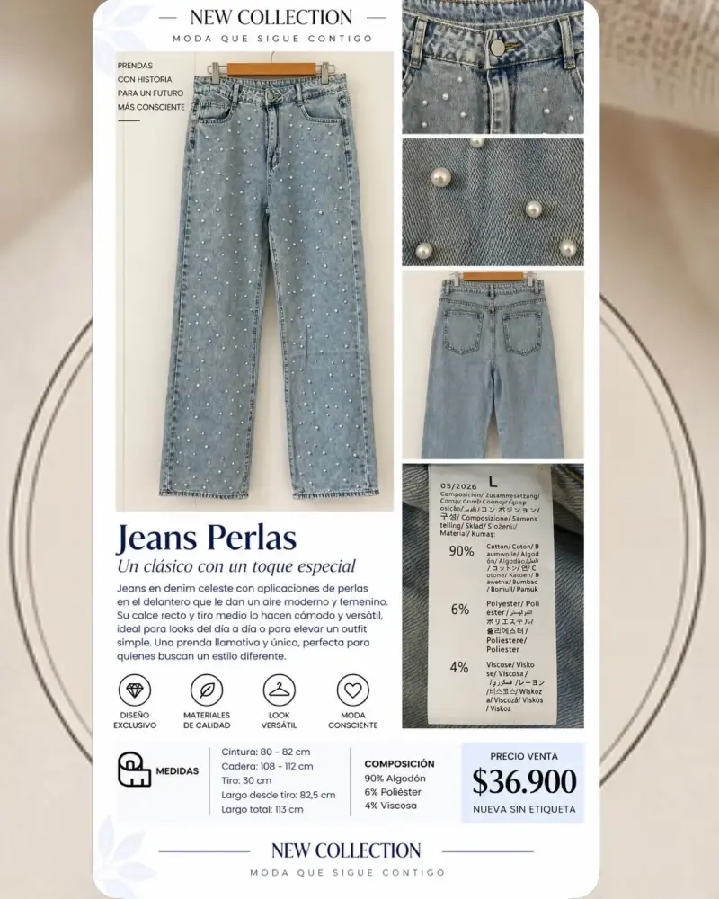 Jeans celeste con perlas decorativas - 1