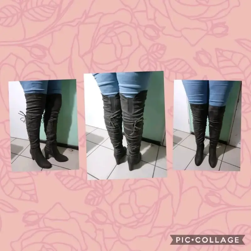 Botas altas de tacón gris con cordones - 4