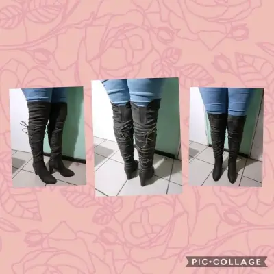 Botas altas de tacón gris con cordones - miniatura 4