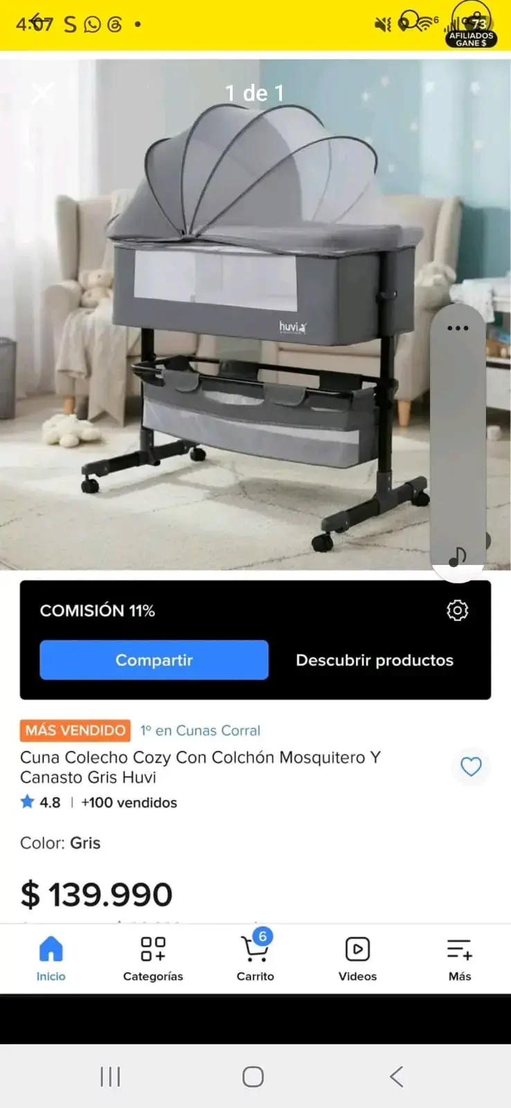 Cuna colecho gris con colchón y mosquitero Huvi