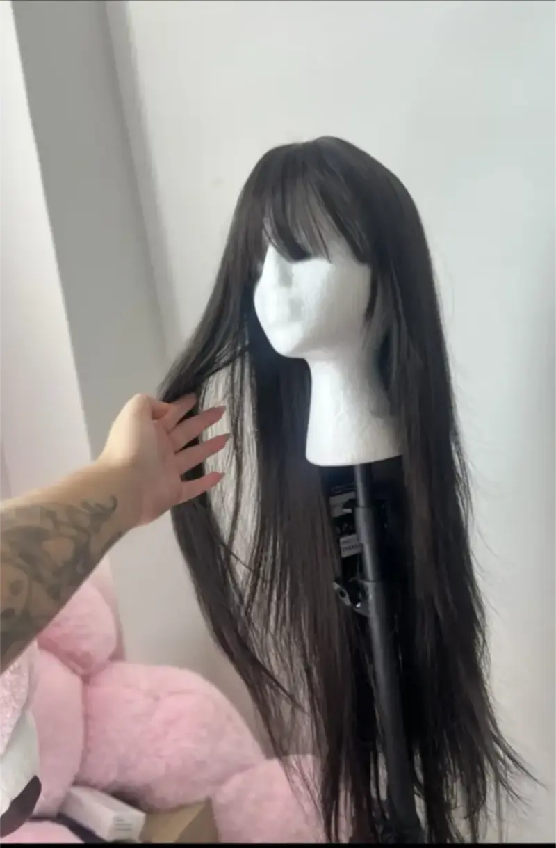 Peluca larga negra con flequillo 86 cm - 1