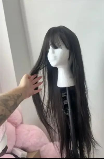 Peluca larga negra con flequillo 86 cm - miniatura 1
