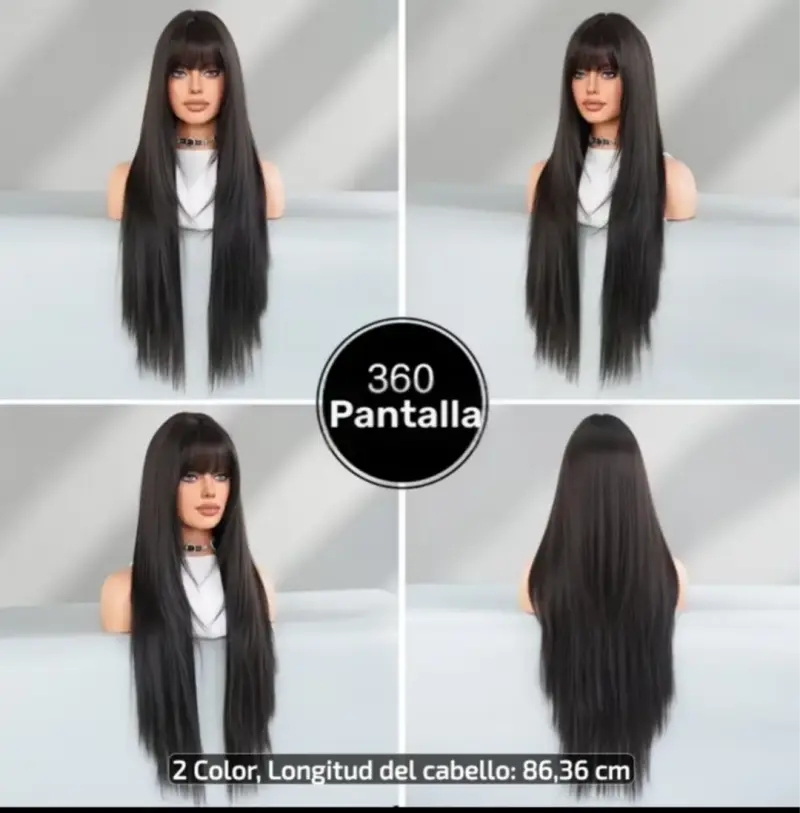 Peluca larga negra con flequillo 86 cm - 4