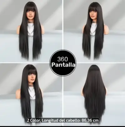 Peluca larga negra con flequillo 86 cm - miniatura 4