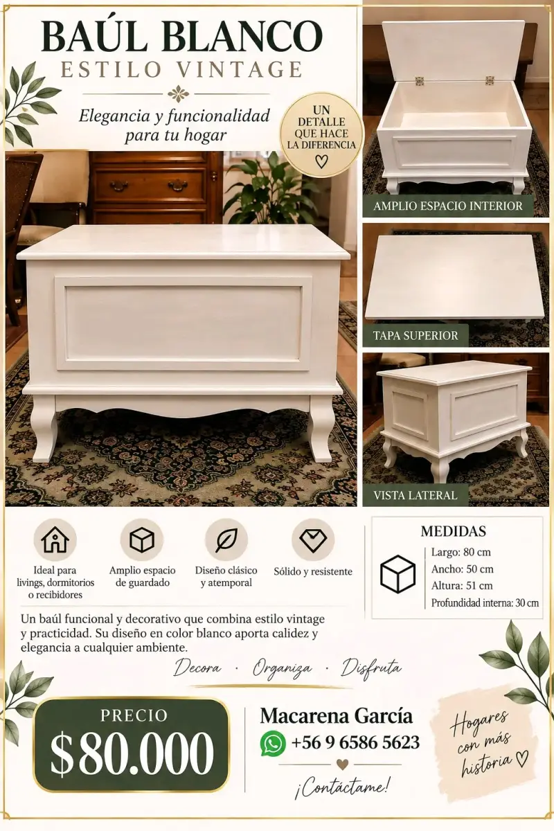 Baúl blanco estilo vintage con amplio espacio - 1