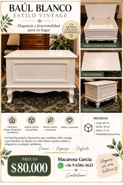 Baúl blanco estilo vintage con amplio espacio - miniatura 1