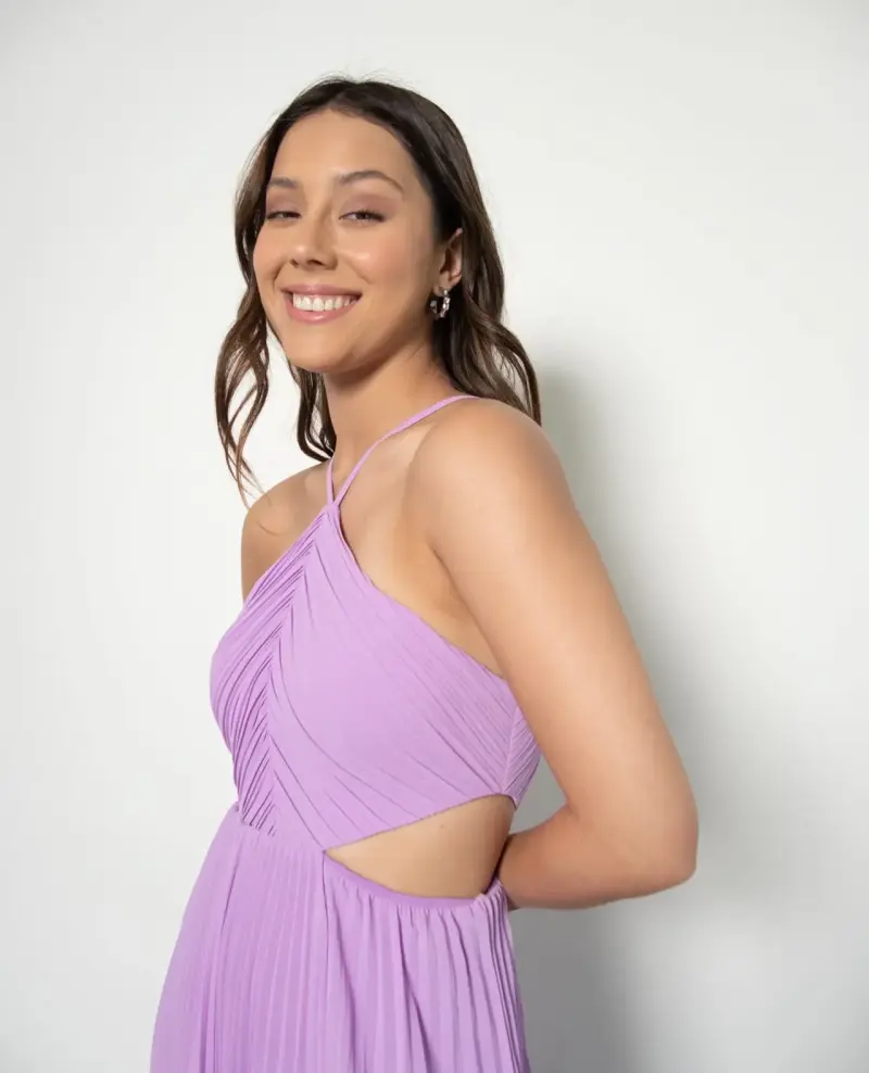 Vestido largo lila con diseño plisado - 2