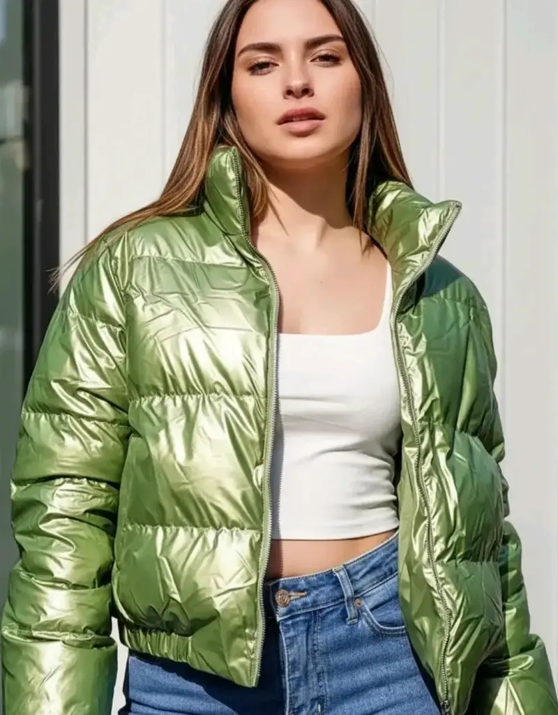 Chaqueta acolchada verde metálico para mujer - 1