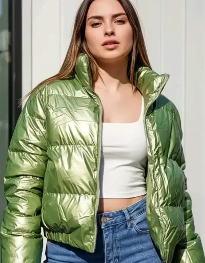 Chaqueta acolchada verde metálico para mujer - miniatura 1