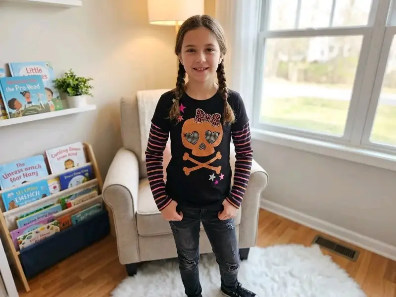 Polera de niña con diseño de calavera y rayas - 1
