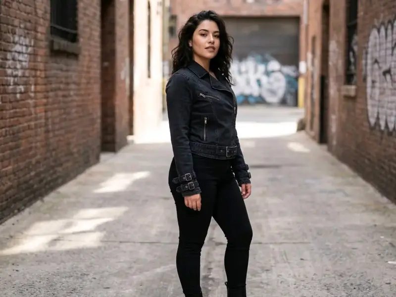 Chaqueta de mezclilla negra con cinturones ajustables - 1