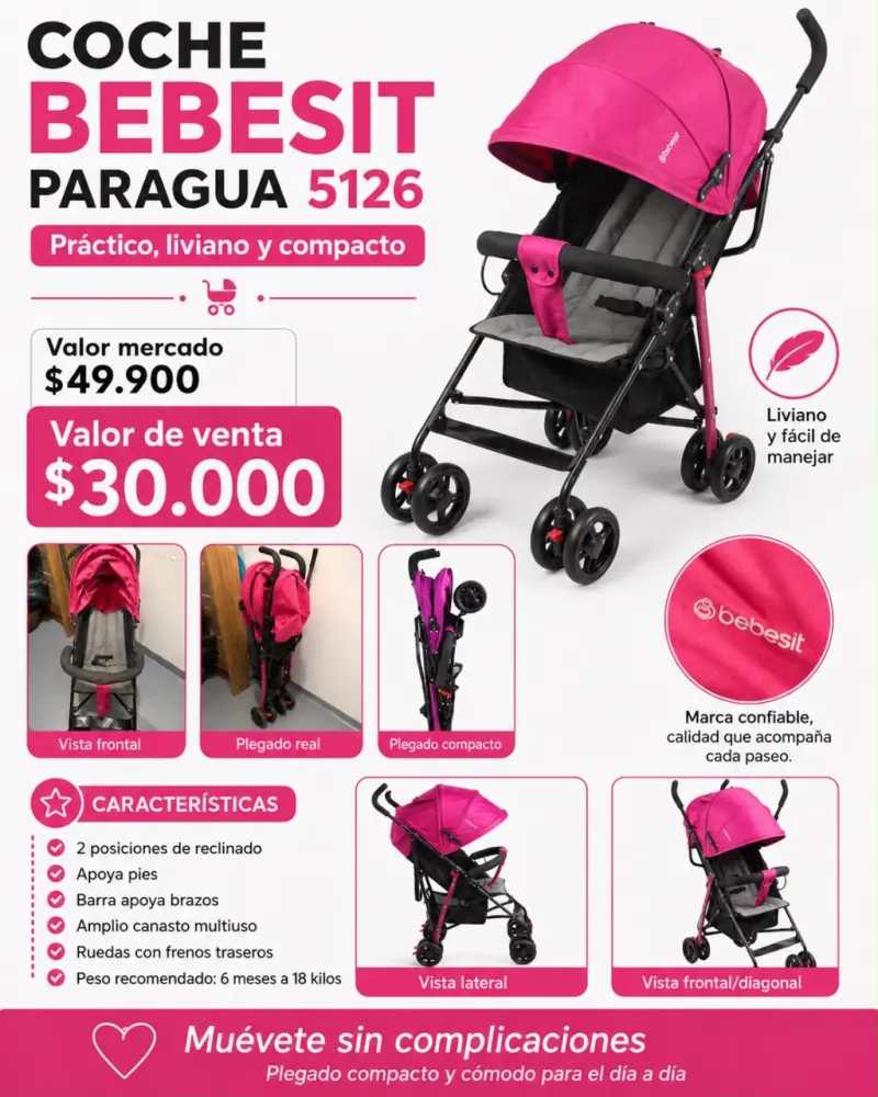 Coche Bebesit Paragua 5126 Rosa Compacto