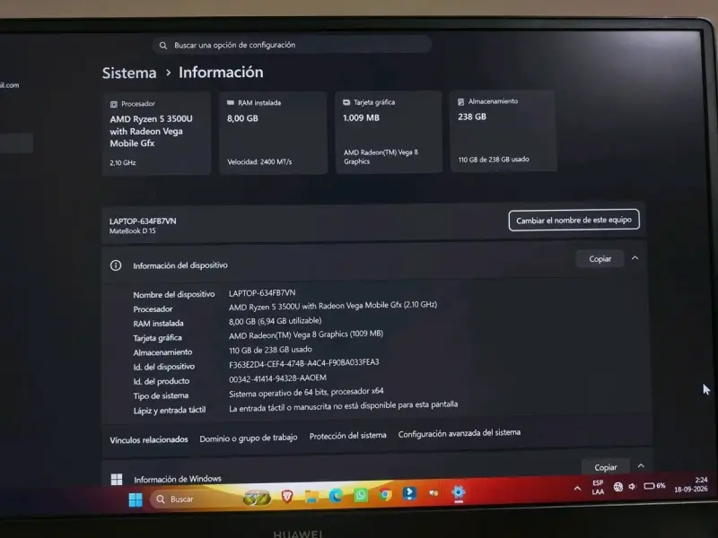 Laptop Huawei con AMD Ryzen 5 y 8GB RAM - 4