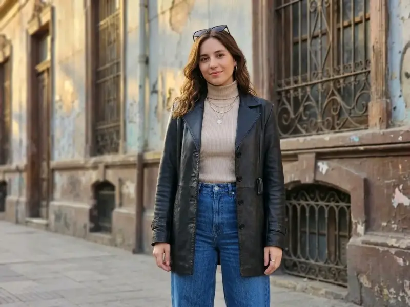 Abrigo de cuero negro para mujer - 1