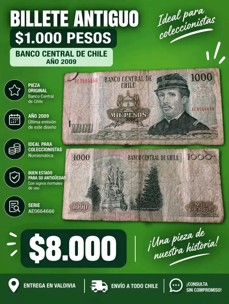 Billete Antiguo de 1000 Pesos Chilenos Año 2009 - 1