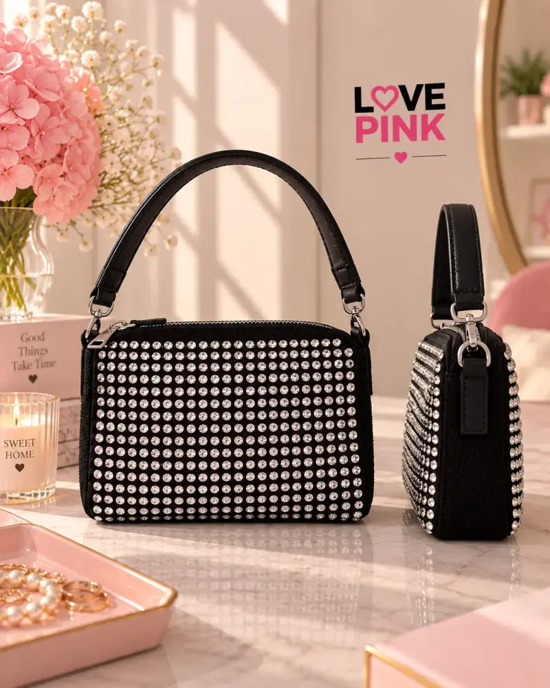 Cartera negra con cristales Love Pink