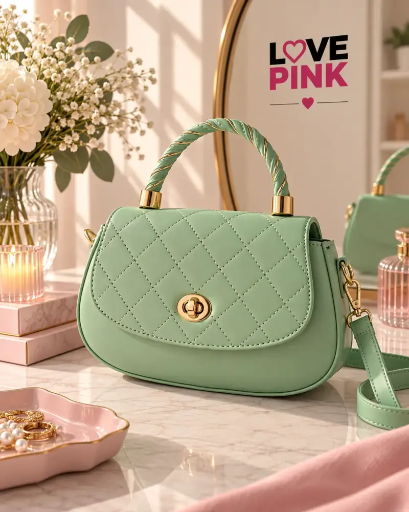 Cartera verde Love Pink con diseño acolchado