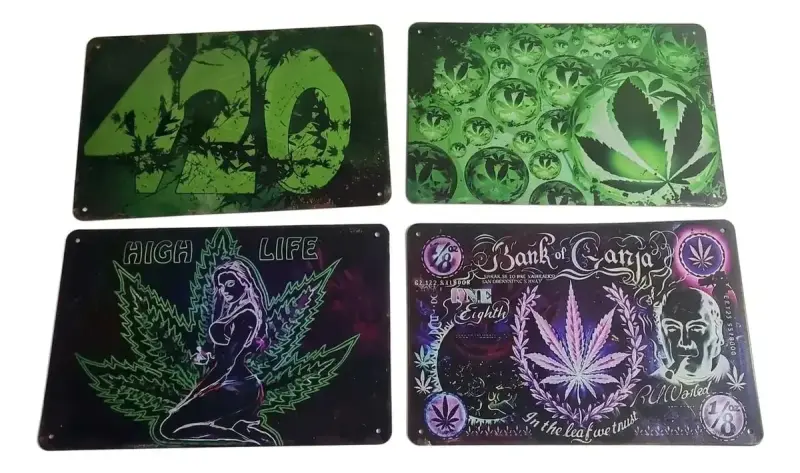 Set de Placas Decorativas Metálicas con Diseño de Hojas de Marihuana - 2