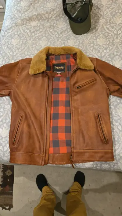 Chaqueta de cuero Triumph marrón con forro a cuadros - miniatura 1