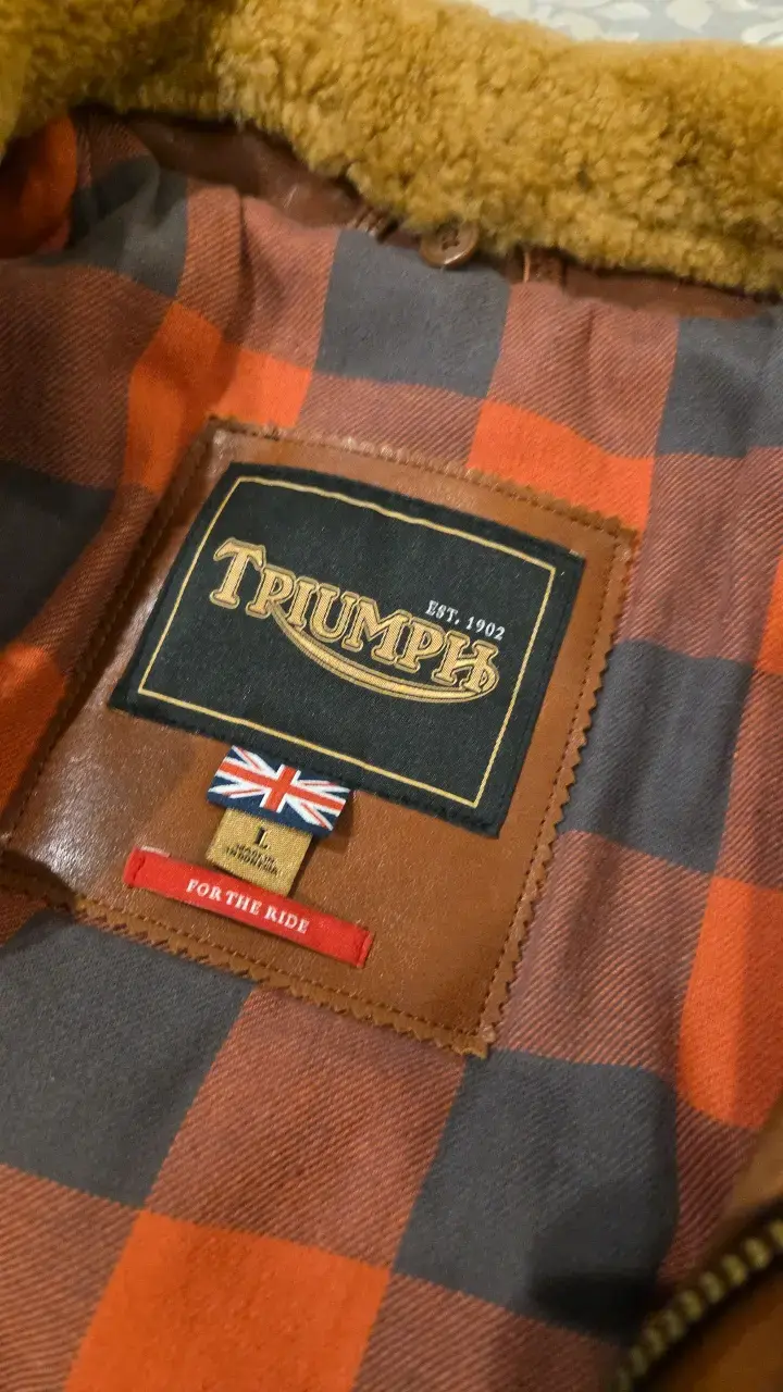 Chaqueta de cuero Triumph marrón con forro a cuadros - 2