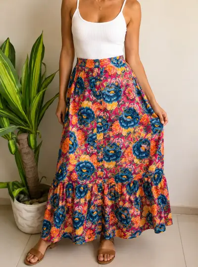 Falda larga floral colorida para mujer - miniatura 1