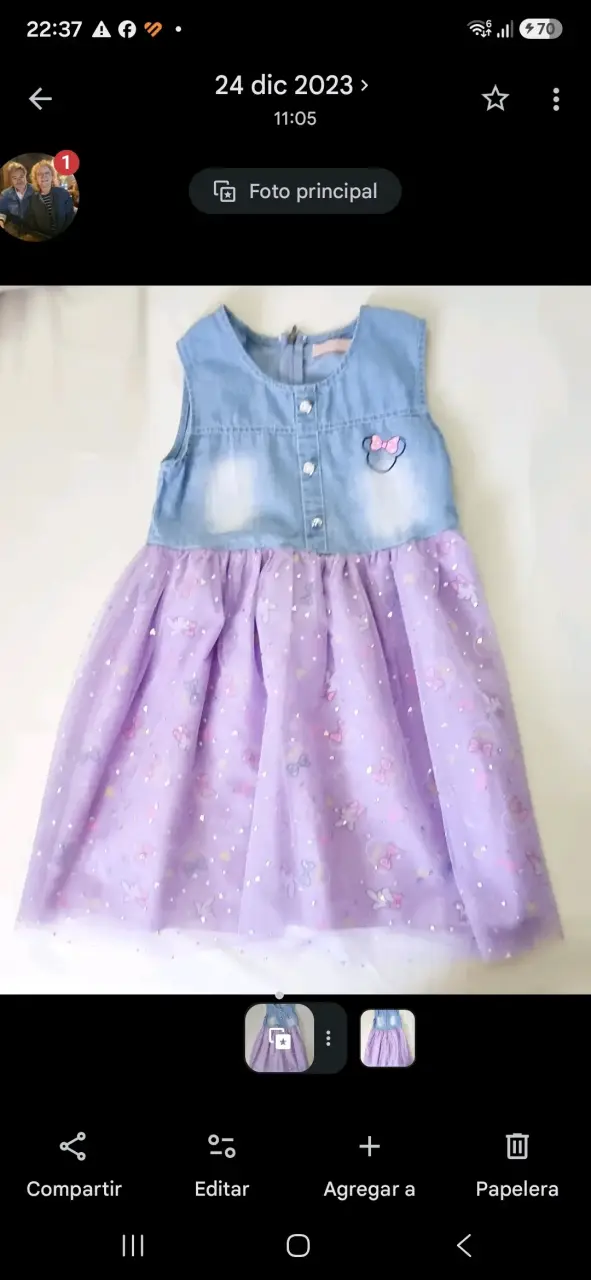Vestido infantil denim y tul lila con bordado - 1