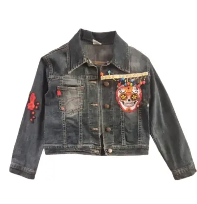 Chaqueta de mezclilla con bordado de calavera y pompones - miniatura 1