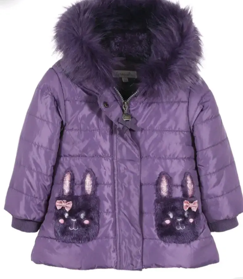 Abrigo infantil morado con capucha de peluche