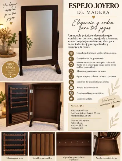 Espejo joyero de madera con amplio interior - miniatura 1