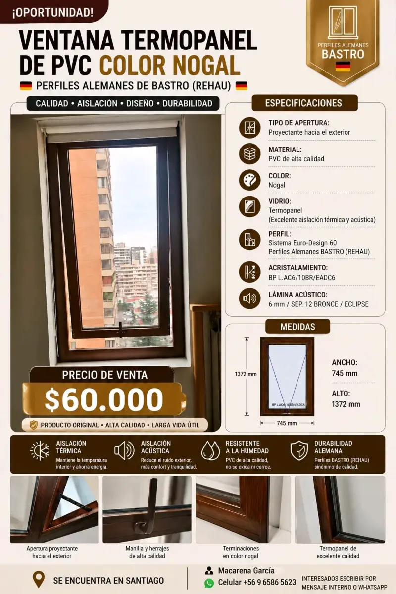 Ventana Termopanel de PVC Color Nogal