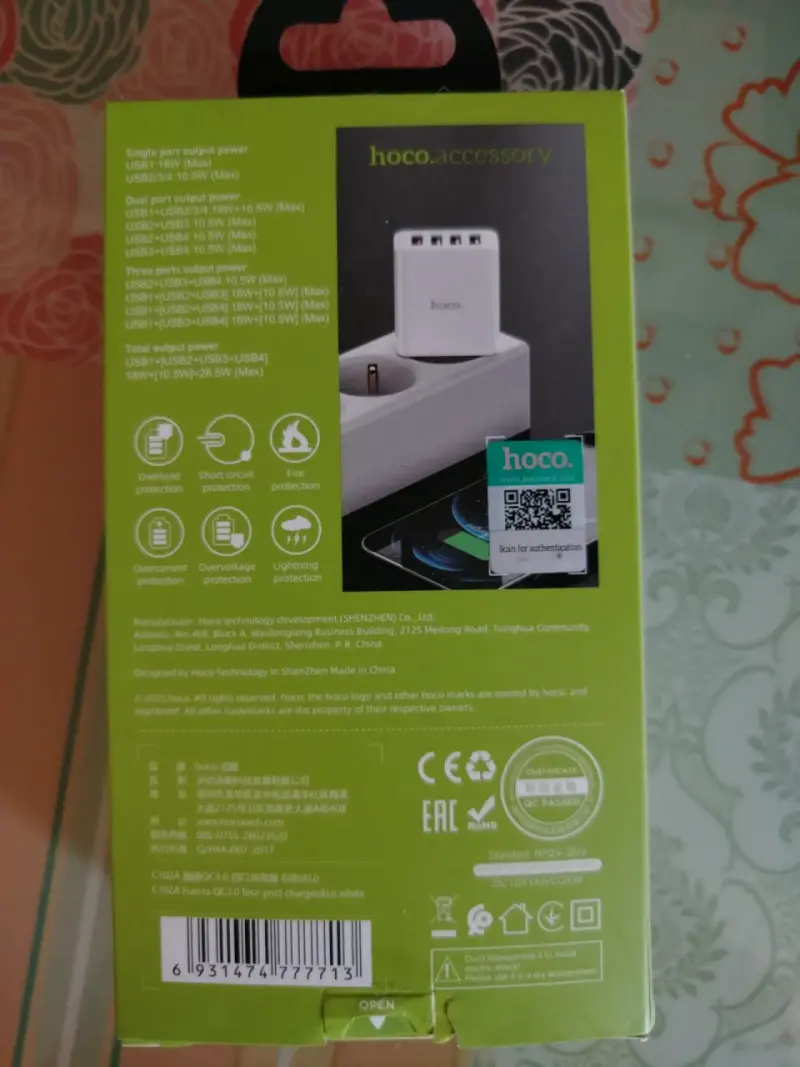 Cargador rápido Hoco 4USB QC3.0 28.5W - 2