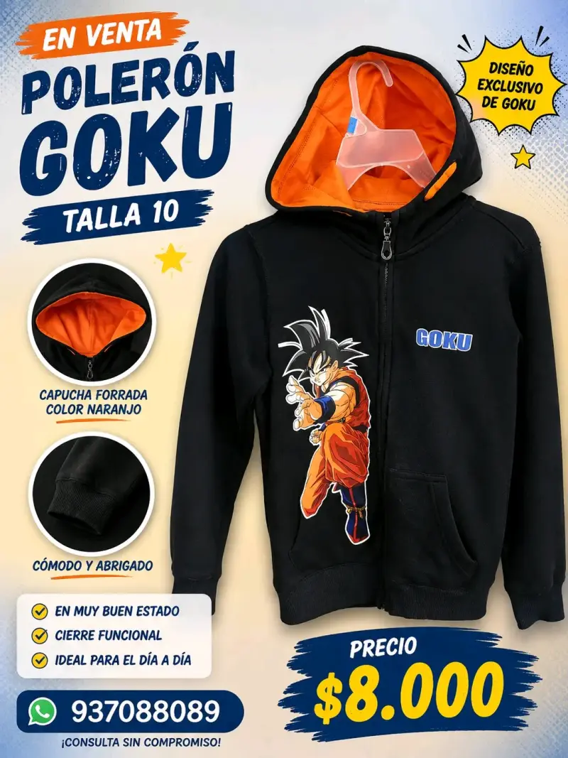 Polerón Goku Talla 10 con Capucha Naranja