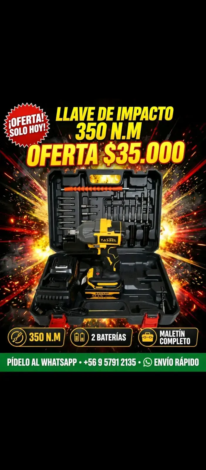 Llave de impacto 350 N.M con maletín y baterías