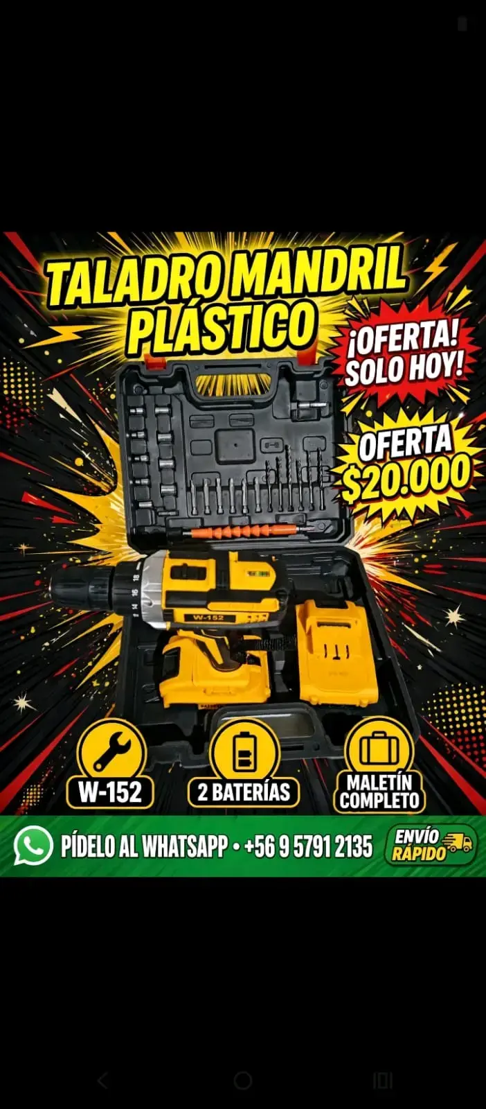 Taladro inalámbrico con mandril plástico y 2 baterías