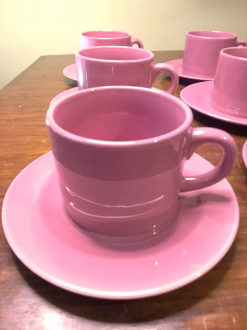 Juego de 6 tazas de cerámica rosa con platos - 3