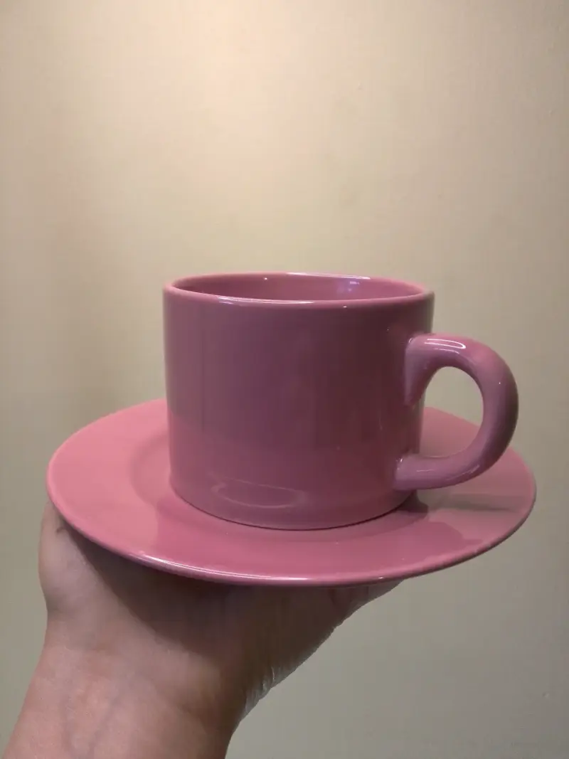 Juego de 6 tazas de cerámica rosa con platos - 5