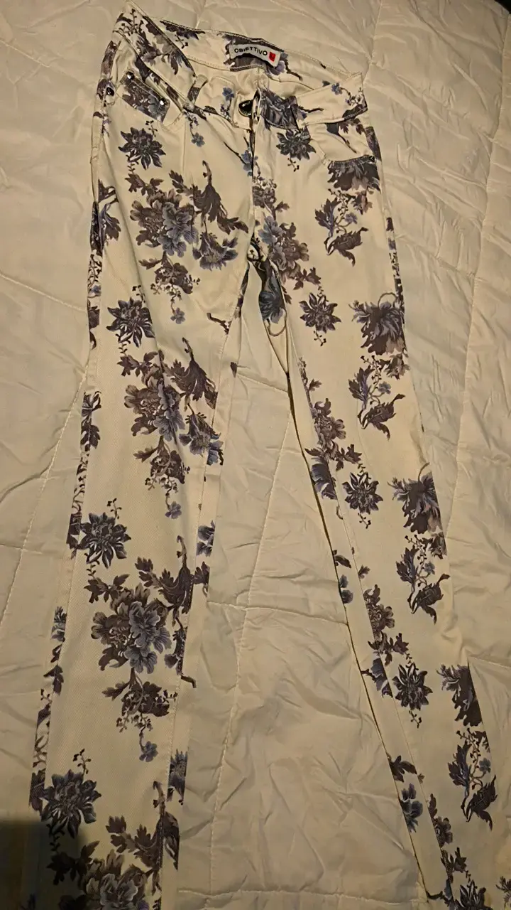 Jeans pantalon blanco floral azul skinny - 2