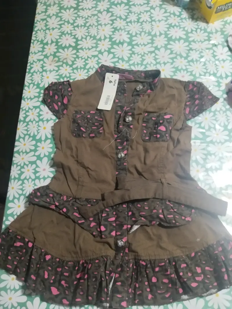 Vestido infantil marrón con estampado rosa talla 6 - 2