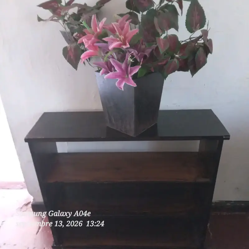 Estante de madera oscuro con tres niveles - 1