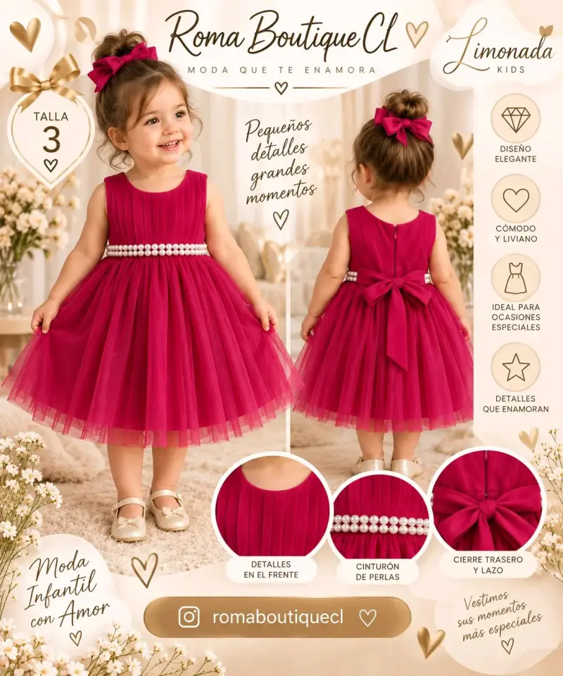 Vestido infantil elegante color rojo con perlas