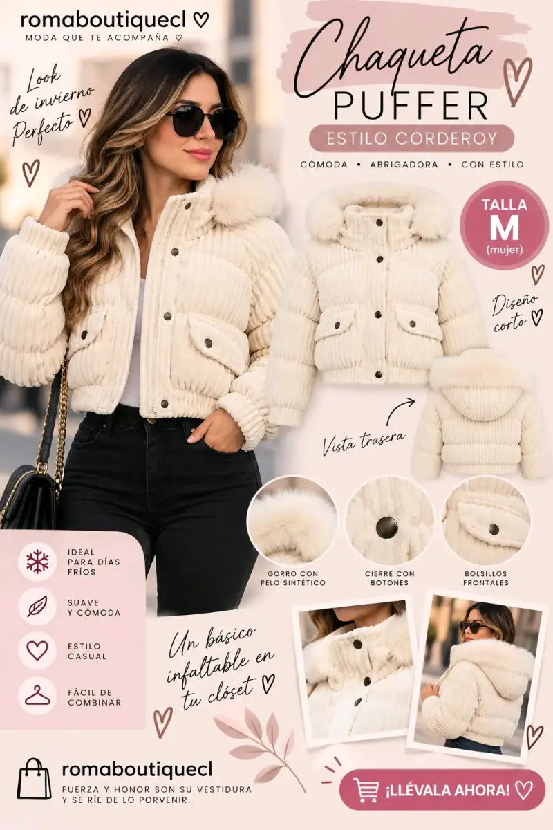 Chaqueta Puffer Estilo Corderoy Mujer Talla M