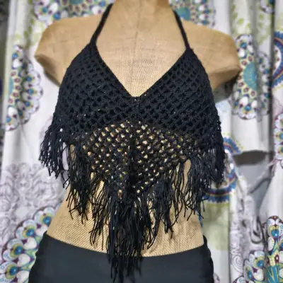 Conjunto tejido polera y top negro con flecos - miniatura 4